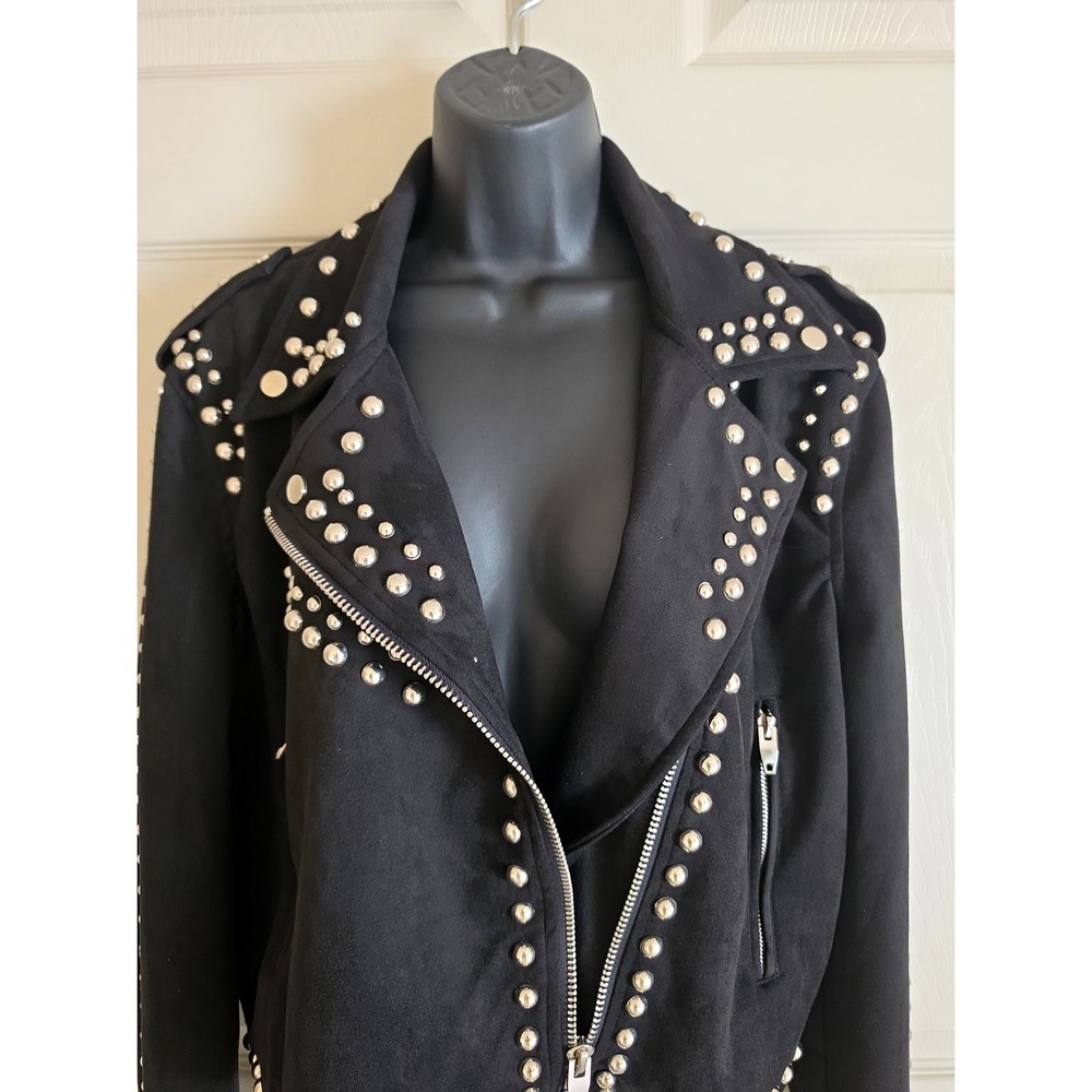 Buddy Love Black Studded Suede Moto Jacket – Women's Edgy Biker Style Size L - Picture 9 of 16